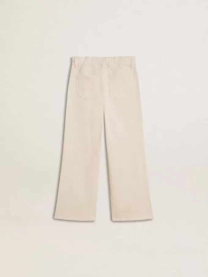 Pantalones anchos de canalé color crema con bordados para niña Pantalones anchos de canalé color crema con bordados para niña