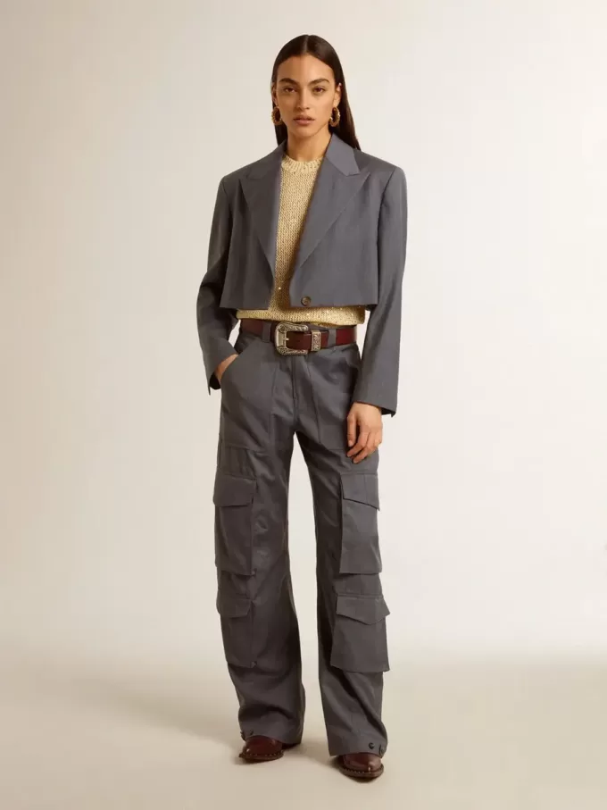 Pantalones cargo de mujer en lana azul celeste Pantalones cargo de mujer en lana azul celeste