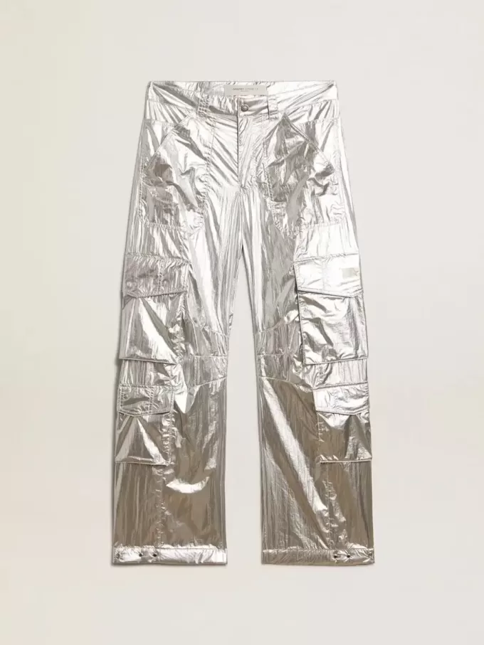 Pantalones cargo para hombre en tejido técnico plateado
