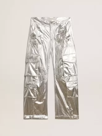 Pantalones cargo para mujer en tejido técnico plateado