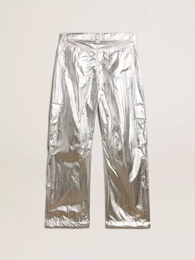 Pantalones cargo para mujer en tejido técnico plateado Pantalones cargo para mujer en tejido técnico plateado
