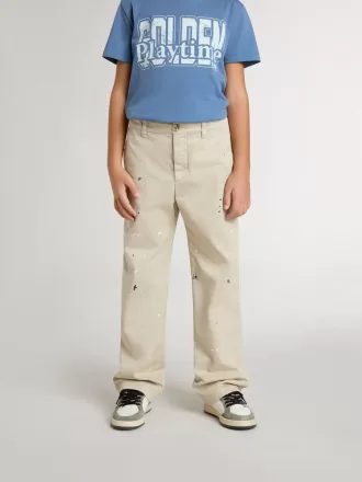 Pantalones chinos beige para niño con salpicaduras multicolores