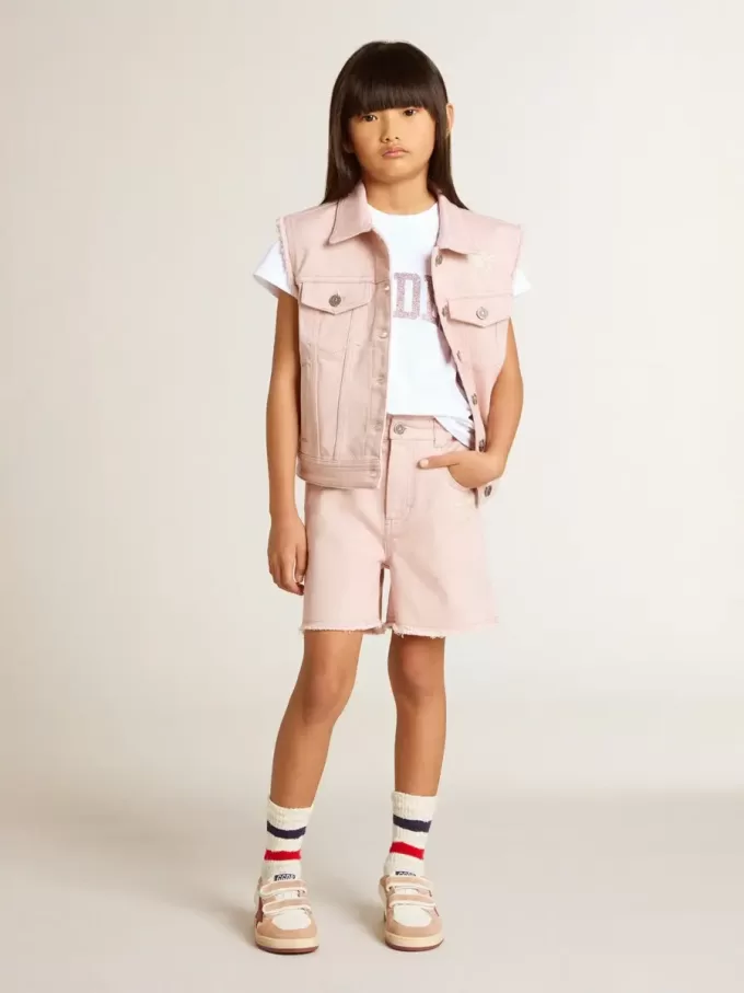 Pantalones cortos de algodón rosa con bordados para niña Pantalones cortos de algodón rosa con bordados para niña