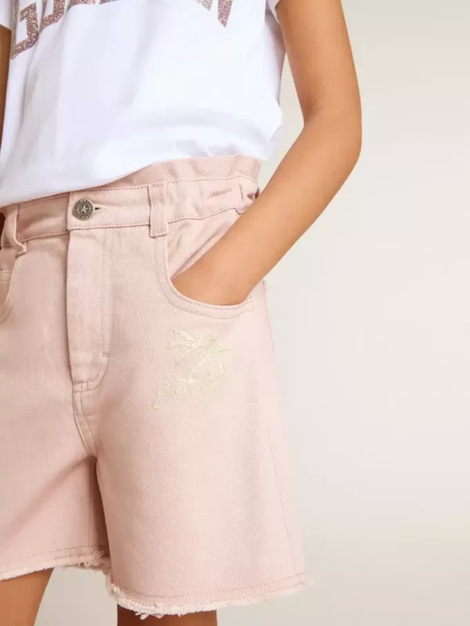 Pantalones cortos de algodón rosa con bordados para niña Pantalones cortos de algodón rosa con bordados para niña