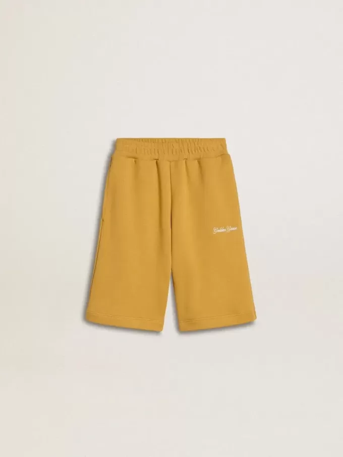 Pantalones cortos de jogging para niños en amarillo ocre con bordado Pantalones cortos de jogging para niños en amarillo ocre con bordado