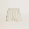 Pantalones cortos de mujer de mezcla de lana a rayas blancas y grises Pantalones cortos de mujer de mezcla de lana a rayas blancas y grises