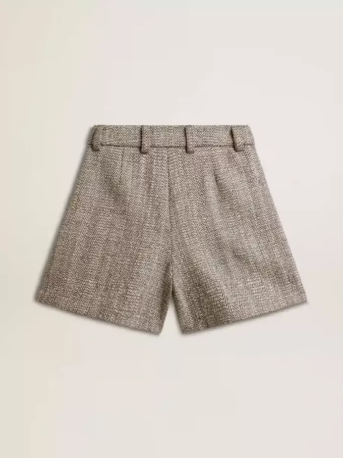 Pantalones cortos de mujer en color marrón crudo de lana en espiga Pantalones cortos de mujer en color marrón crudo de lana en espiga