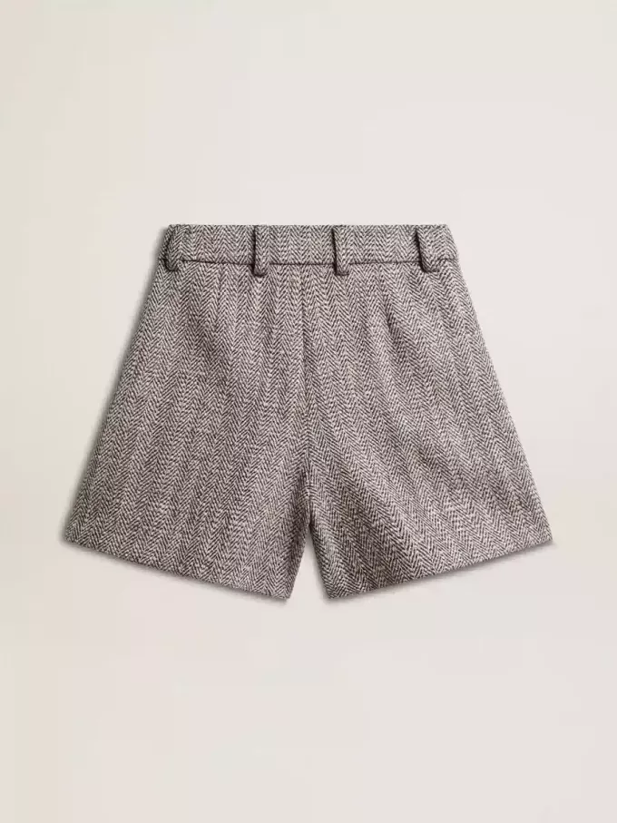 Pantalones cortos de mujer en color marrón crudo de lana en espiga Pantalones cortos de mujer en color marrón crudo de lana en espiga