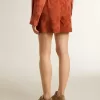 Pantalones cortos de mujer en jacquard rojo ladrillo con estampado floral marino