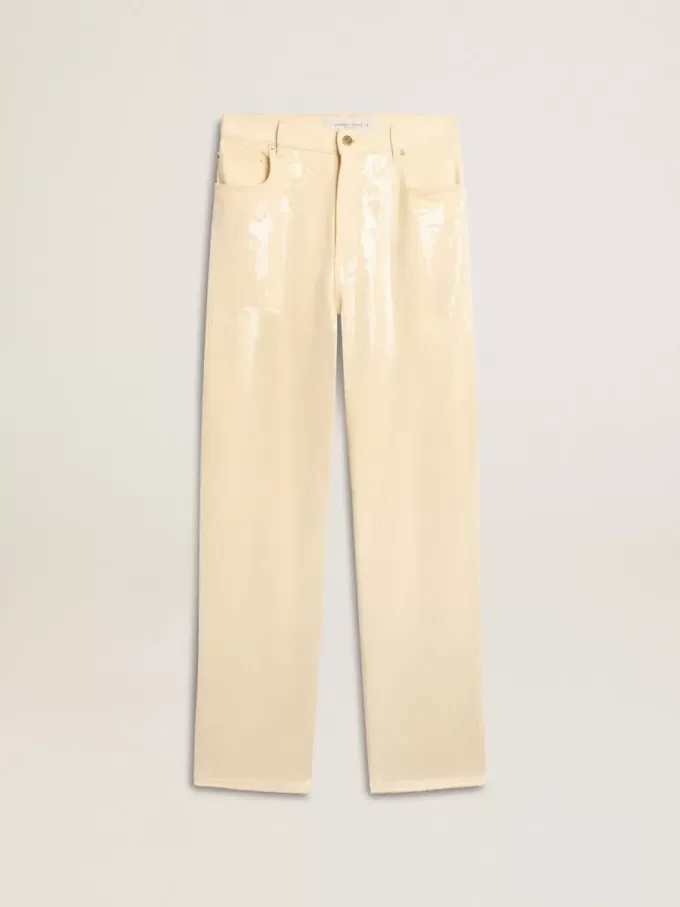 Pantalones crudo con lentejuelas transparentes por toda la prenda Pantalones crudo con lentejuelas transparentes por toda la prenda