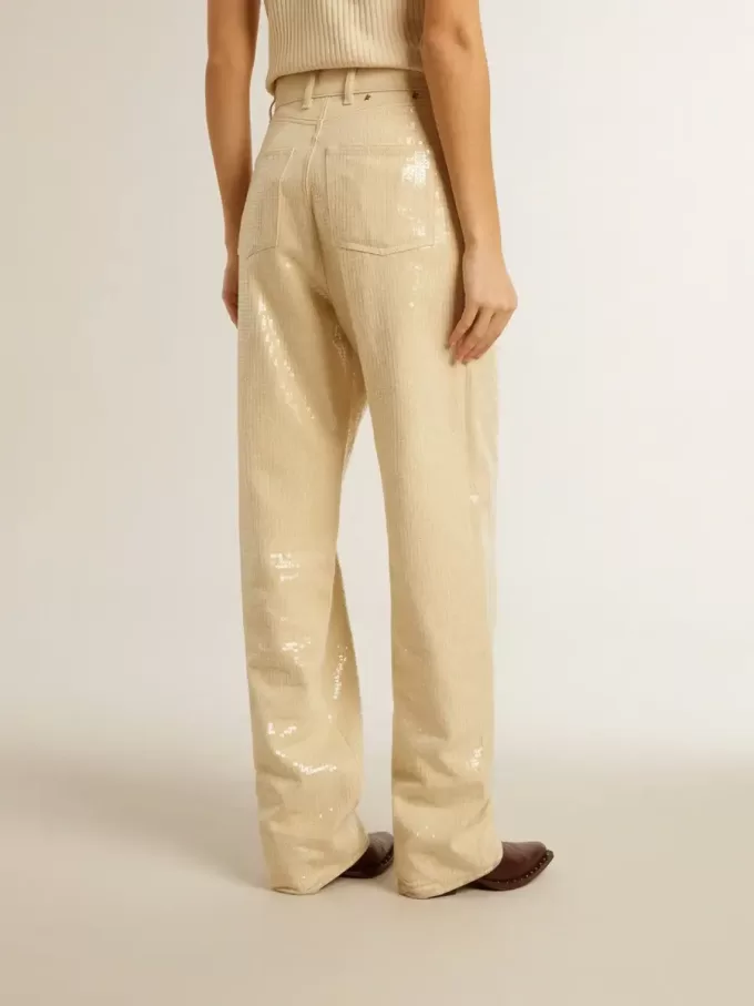 Pantalones crudo con lentejuelas transparentes por toda la prenda Pantalones crudo con lentejuelas transparentes por toda la prenda