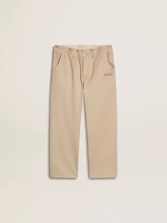 Pantalones de algodón beige con bordado para niña
