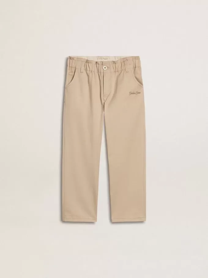 Pantalones de algodón beige con bordado para niña Pantalones de algodón beige con bordado para niña