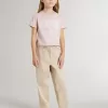 Pantalones de algodón beige con bordado para niña Pantalones de algodón beige con bordado para niña
