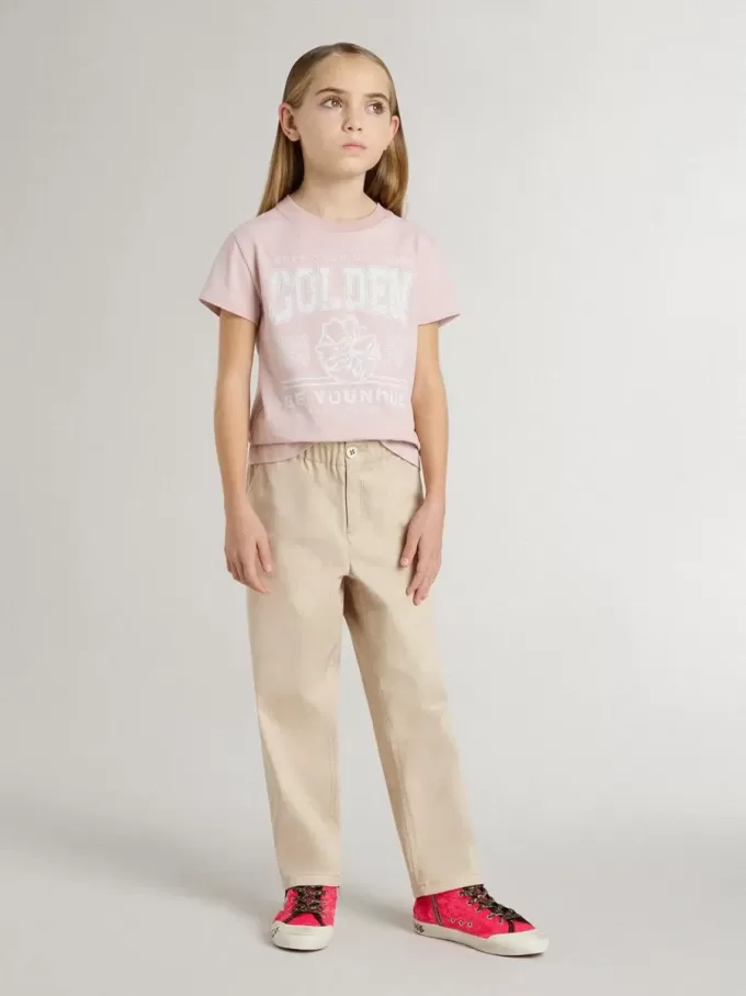 Pantalones de algodón beige con bordado para niña Pantalones de algodón beige con bordado para niña