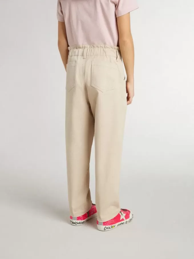 Pantalones de algodón beige con bordado para niña Pantalones de algodón beige con bordado para niña