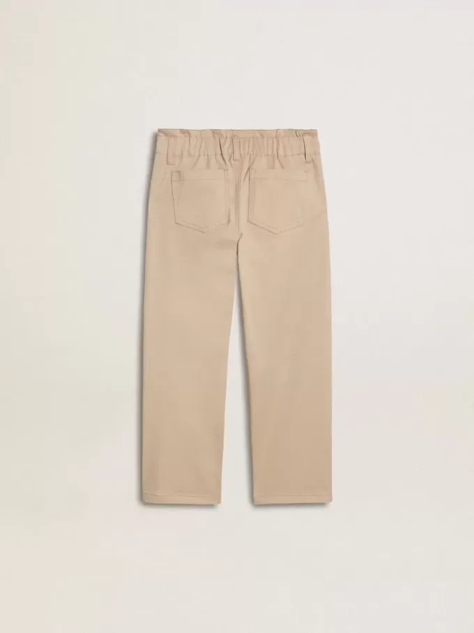 Pantalones de algodón beige con bordado para niña Pantalones de algodón beige con bordado para niña