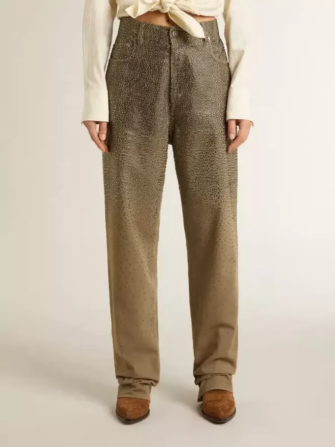 Pantalones de algodón caqui para mujer con efecto degradado Swarovski Pantalones de algodón caqui para mujer con efecto degradado Swarovski