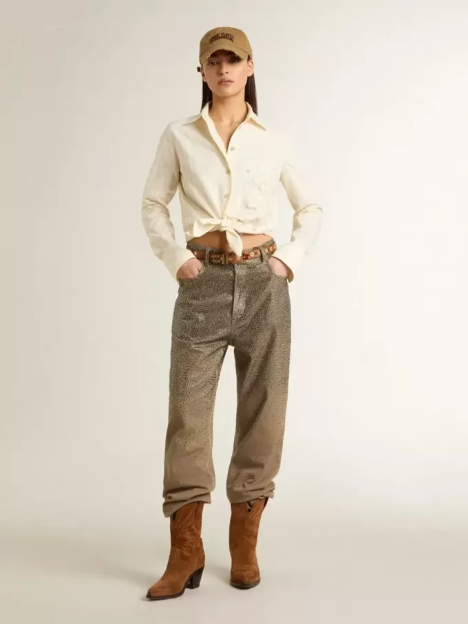 Pantalones de algodón caqui para mujer con efecto degradado Swarovski Pantalones de algodón caqui para mujer con efecto degradado Swarovski