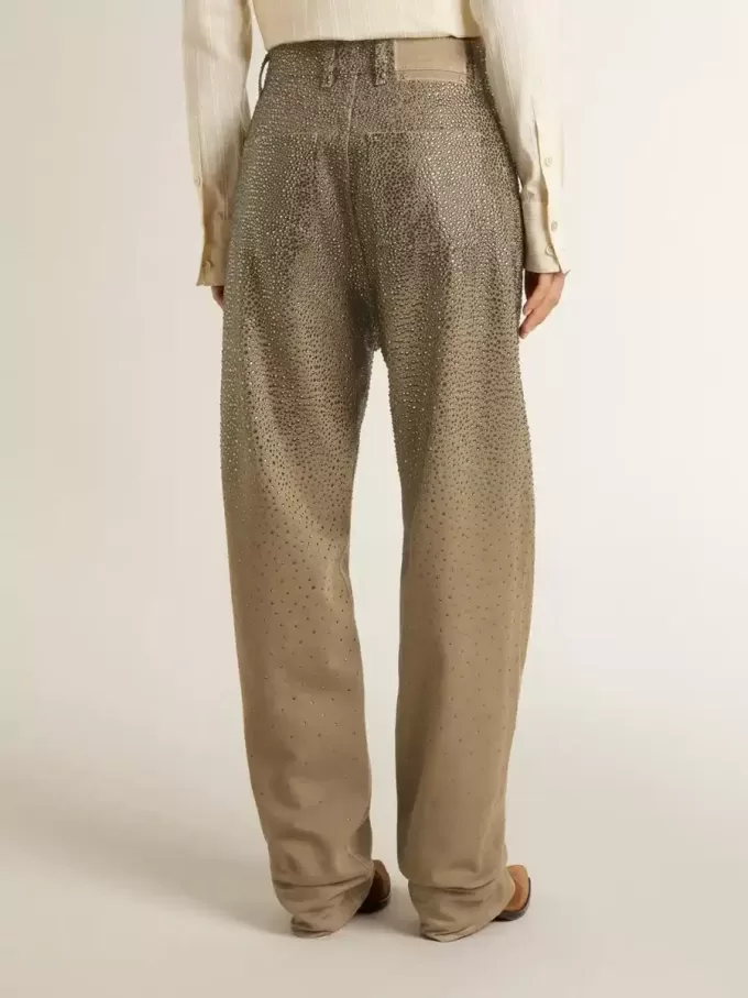 Pantalones de algodón caqui para mujer con efecto degradado Swarovski Pantalones de algodón caqui para mujer con efecto degradado Swarovski