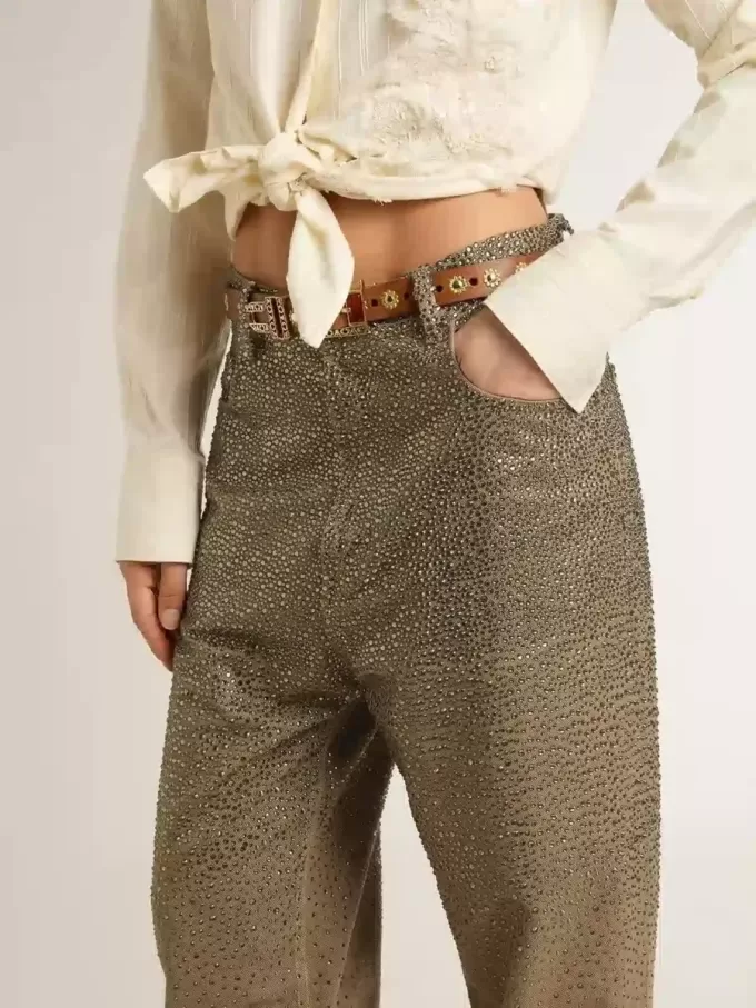 Pantalones de algodón caqui para mujer con efecto degradado Swarovski Pantalones de algodón caqui para mujer con efecto degradado Swarovski