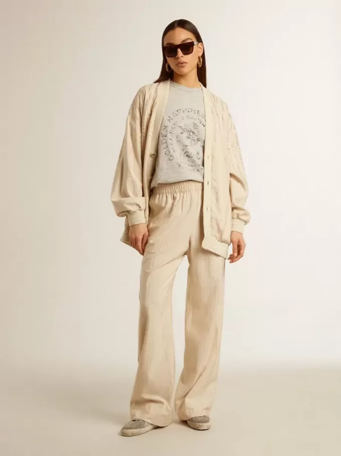Pantalones de chándal de seda y viscosa beige claro para mujer. Pantalones de chándal de seda y viscosa beige claro para mujer.