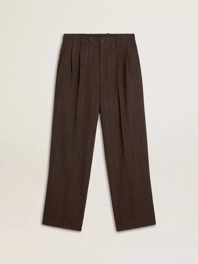 Pantalones de chándal para hombre en lana marrón oscuro con diseño de rayas finas Pantalones de chándal para hombre en lana marrón oscuro con diseño de rayas finas