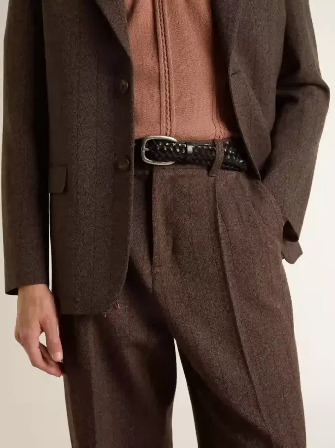 Pantalones de chándal para hombre en lana marrón oscuro con diseño de rayas finas Pantalones de chándal para hombre en lana marrón oscuro con diseño de rayas finas
