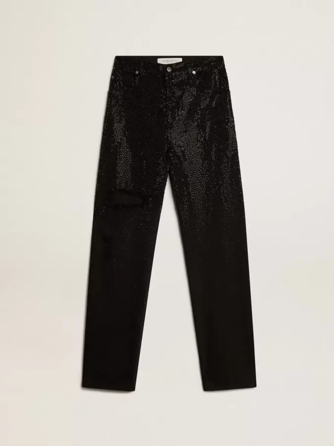 Pantalones de denim de algodón para mujer con adornos de cristales con efecto sombreado Pantalones de denim de algodón para mujer con adornos de cristales con efecto sombreado