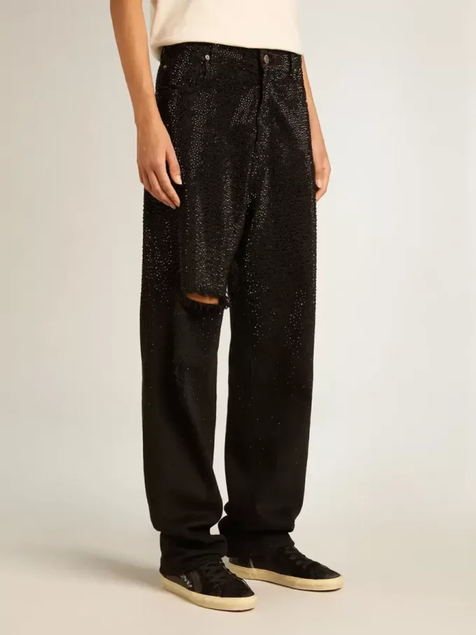 Pantalones de denim de algodón para mujer con adornos de cristales con efecto sombreado Pantalones de denim de algodón para mujer con adornos de cristales con efecto sombreado