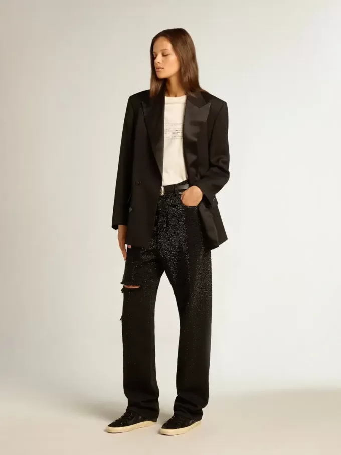 Pantalones de denim de algodón para mujer con adornos de cristales con efecto sombreado Pantalones de denim de algodón para mujer con adornos de cristales con efecto sombreado