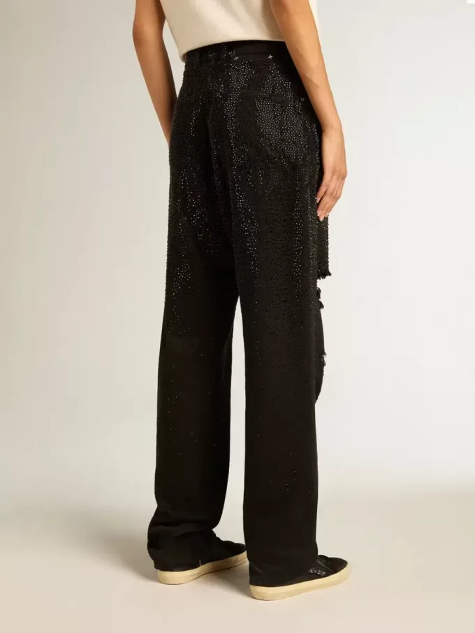 Pantalones de denim de algodón para mujer con adornos de cristales con efecto sombreado Pantalones de denim de algodón para mujer con adornos de cristales con efecto sombreado