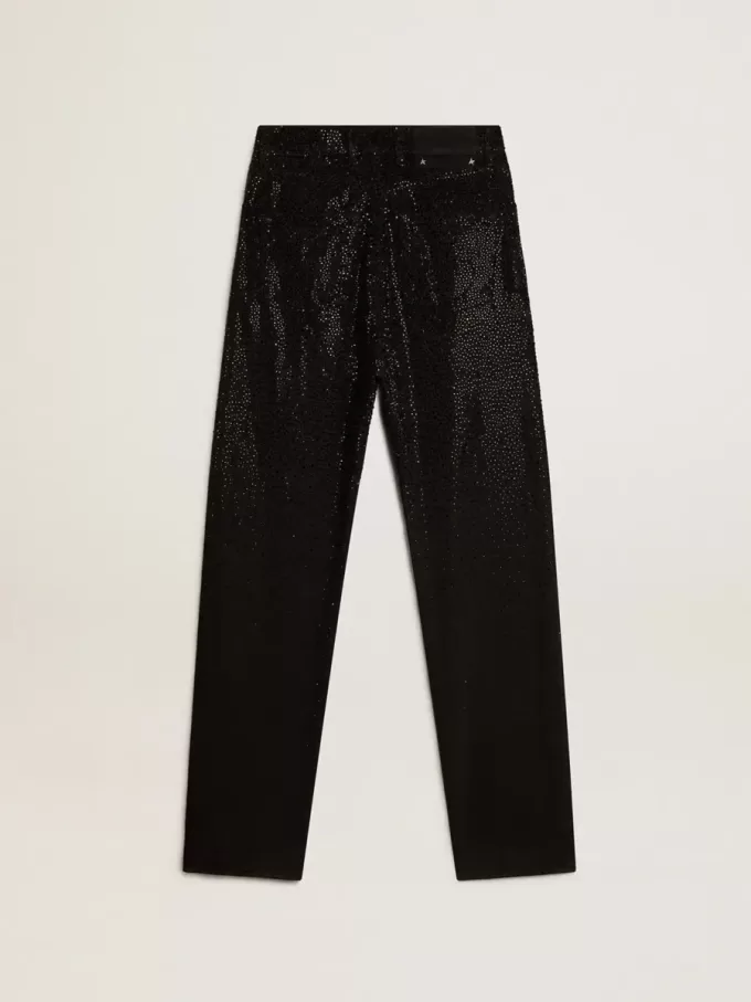 Pantalones de denim de algodón para mujer con adornos de cristales con efecto sombreado Pantalones de denim de algodón para mujer con adornos de cristales con efecto sombreado