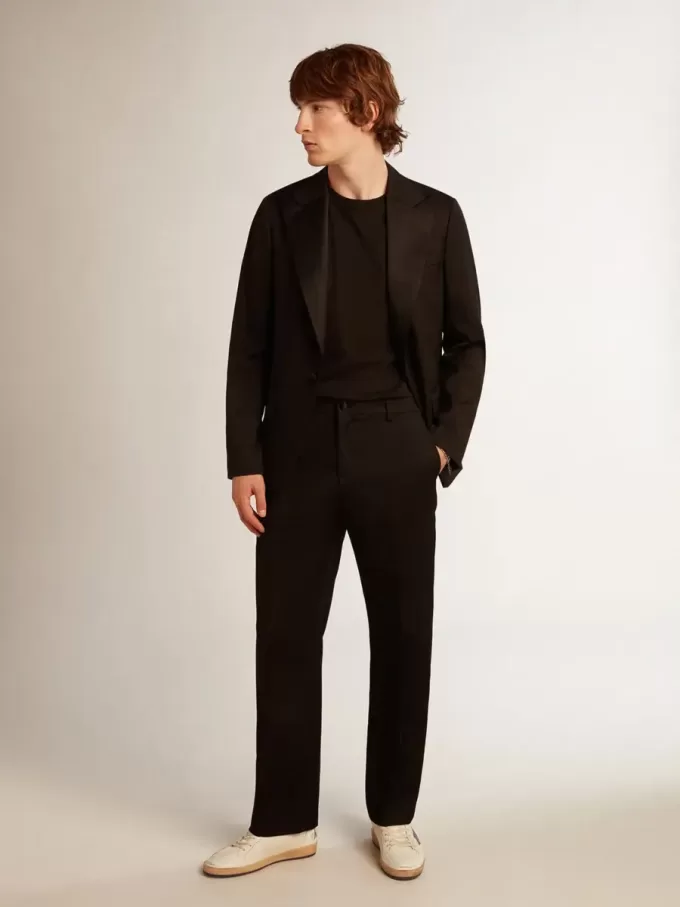 Pantalones de esmoquin para hombre en gabardina de lana negra Pantalones de esmoquin para hombre en gabardina de lana negra