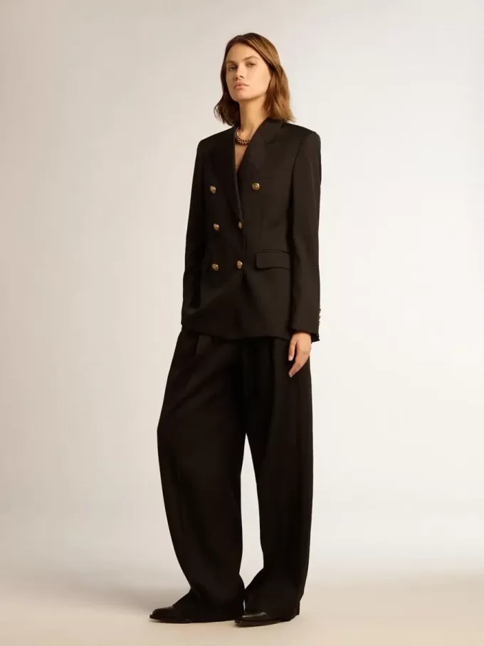 Pantalones de gabardina de lana negros para mujer Pantalones de gabardina de lana negros para mujer