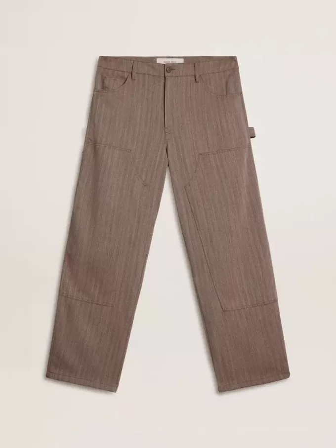 Pantalones de hombre de mezcla de lana en micro chevron marrón claro Pantalones de hombre de mezcla de lana en micro chevron marrón claro