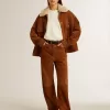 Pantalones de mujer de cuero serrado color tabaco Pantalones de mujer de cuero serrado color tabaco