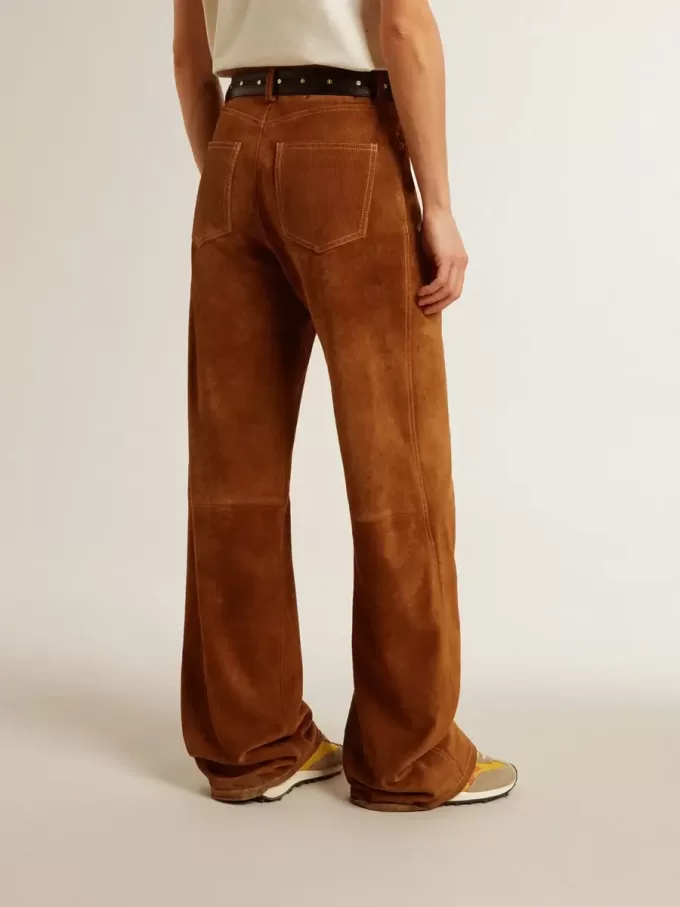 Pantalones de mujer de cuero serrado color tabaco Pantalones de mujer de cuero serrado color tabaco