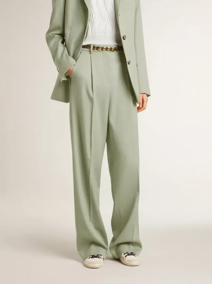 Pantalones de mujer de lana verde salvia Pantalones de mujer de lana verde salvia