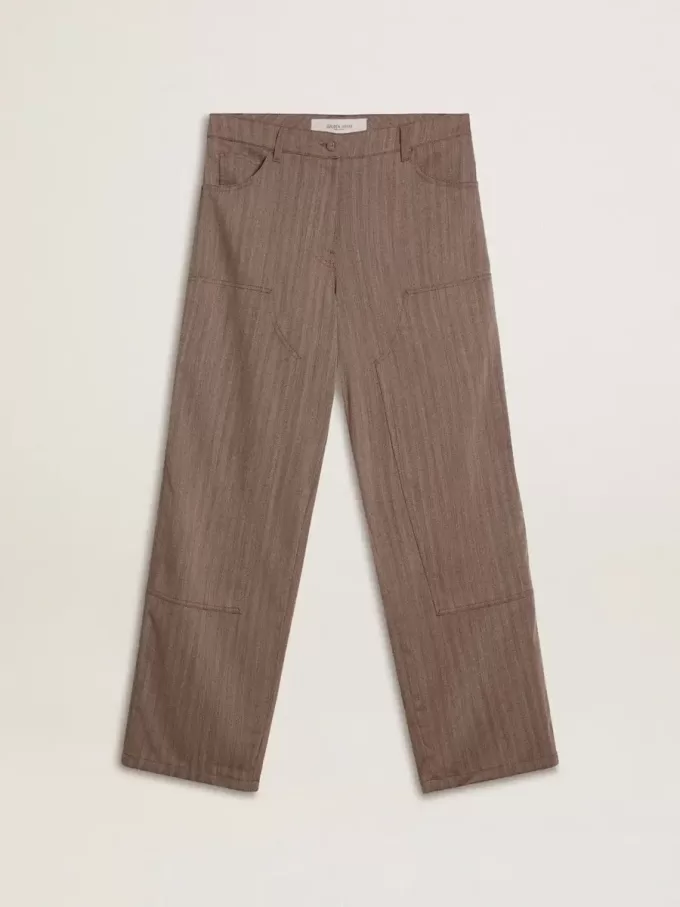 Pantalones de mujer de mezcla de lana en micro chevron marrón claro Pantalones de mujer de mezcla de lana en micro chevron marrón claro