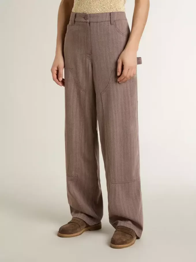 Pantalones de mujer de mezcla de lana en micro chevron marrón claro Pantalones de mujer de mezcla de lana en micro chevron marrón claro