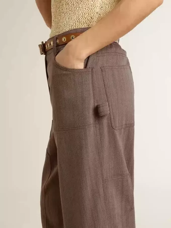 Pantalones de mujer de mezcla de lana en micro chevron marrón claro Pantalones de mujer de mezcla de lana en micro chevron marrón claro