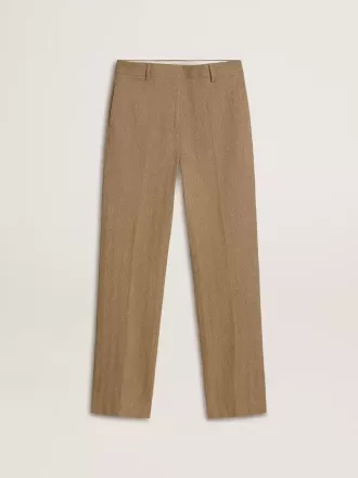 Pantalones de mujer en mezcla de lino con diseño en espiga color arena