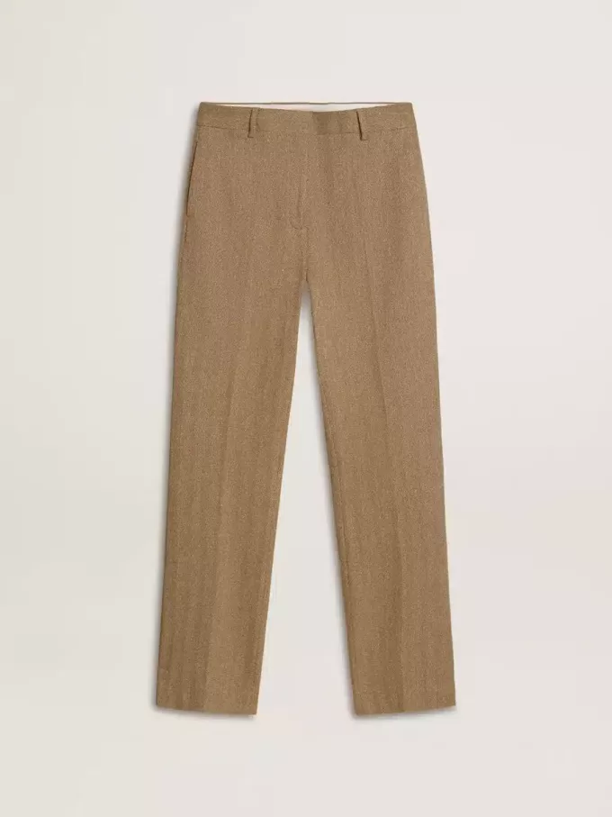 Pantalones de mujer en mezcla de lino con diseño en espiga color arena Pantalones de mujer en mezcla de lino con diseño en espiga color arena