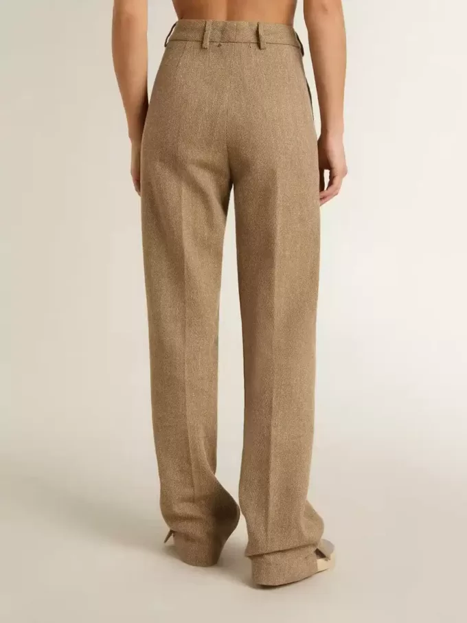 Pantalones de mujer en mezcla de lino con diseño en espiga color arena Pantalones de mujer en mezcla de lino con diseño en espiga color arena