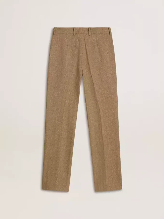 Pantalones de mujer en mezcla de lino con diseño en espiga color arena Pantalones de mujer en mezcla de lino con diseño en espiga color arena