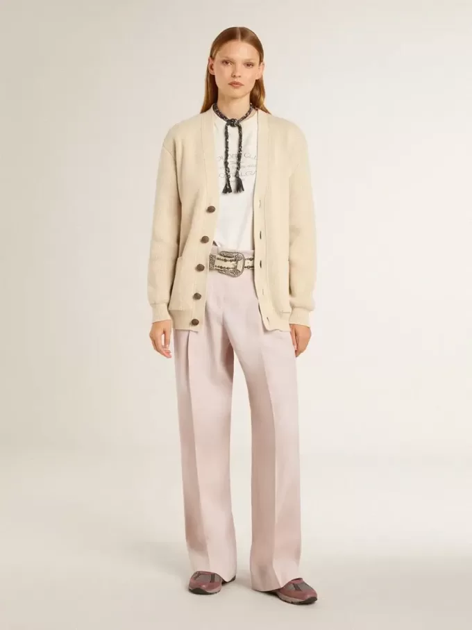 Pantalones de mujer en tejido de lana rosa entallado Pantalones de mujer en tejido de lana rosa entallado