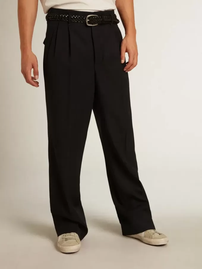 Pantalones de pierna ancha para hombre en lana azul oscuro Pantalones de pierna ancha para hombre en lana azul oscuro