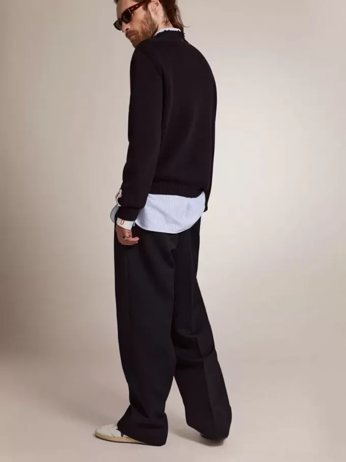 Pantalones de pierna ancha para hombre en lana azul oscuro Pantalones de pierna ancha para hombre en lana azul oscuro
