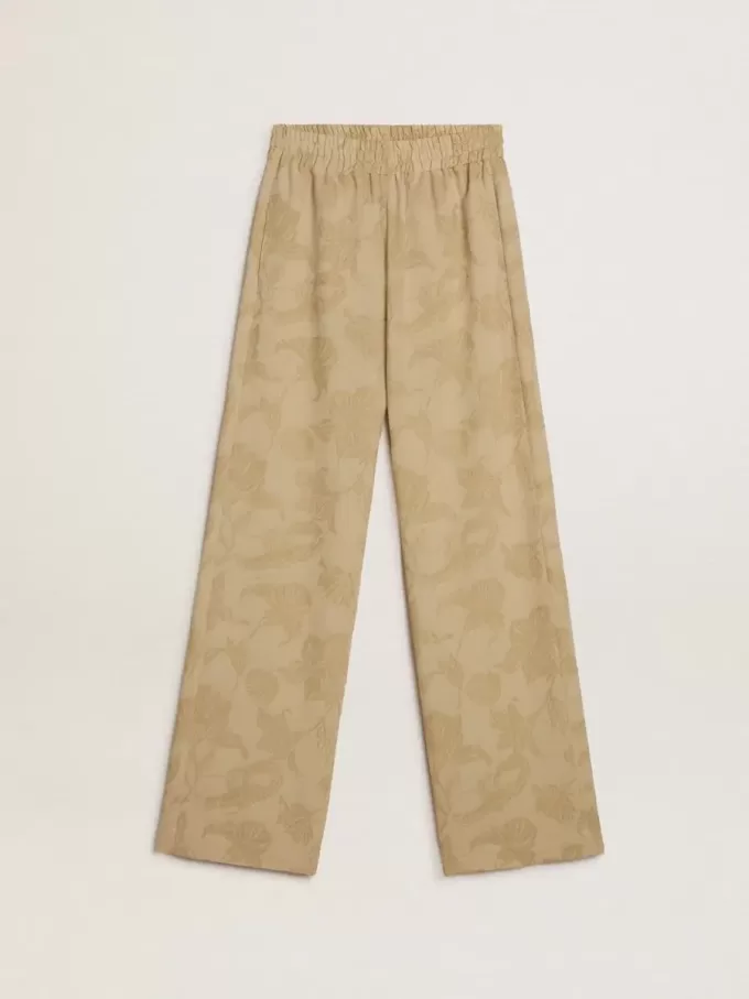 Pantalones de pijama para mujer en jacquard beige con estampado floral Pantalones de pijama para mujer en jacquard beige con estampado floral